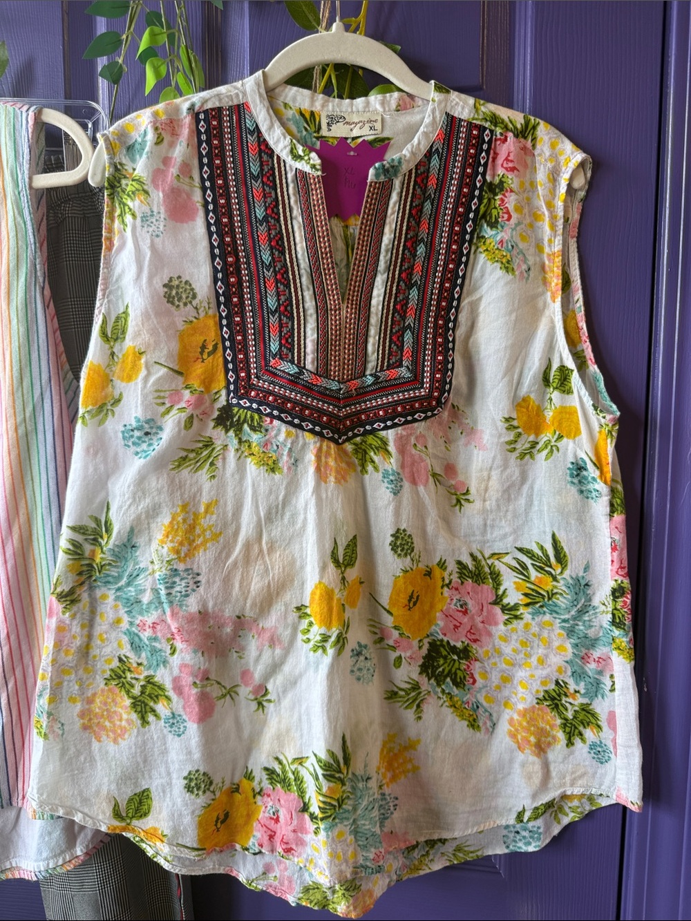 Sleeveless Floral Embroidered Yoke Top - White/Multi